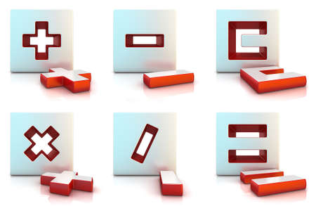 Plus minus multiply divide equally and clear sign. 3D render illustration isolated on white.