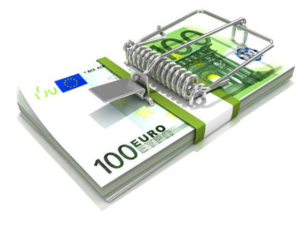 3D render mousetrap installed on euro banknote stack isolated on a white background.の写真素材
