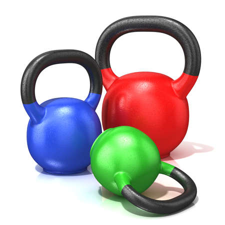 Red, green and blue kettle bells weights isolated on a white background. 3D render illustration.の写真素材