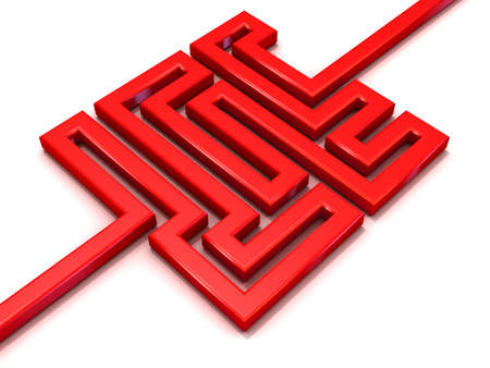Red path labyrinth. 3D illustration isolated on white background. Concept of creative success, marketing, strategy and motivation.の写真素材