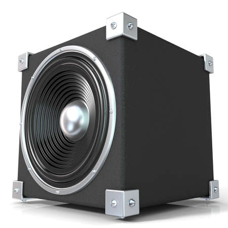Black audio speaker. 3D render illustration isolated on white background. Side view.の写真素材