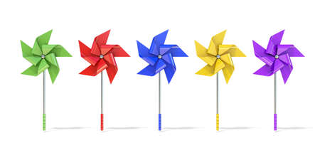 Five colorful five sided pinwheels. 3D render illustration isolated on white backgroundの写真素材