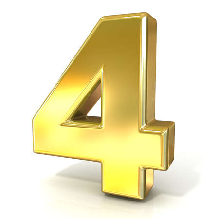 Numerical digits collection, 4 - FOUR. 3D golden sign isolated on white background. Render illustration.の写真素材