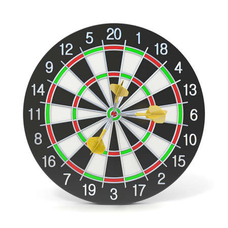 Dartboard with three orange darts on bullseye. Front view. 3D render illustration isolated on white backgroundの写真素材