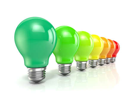 Energy efficiency concept with light bulbs. 3D render illustration isolated on white backgroundの写真素材