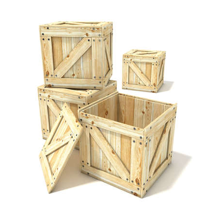 Wooden boxes. 3D render illustration isolated on a white backgroundの写真素材