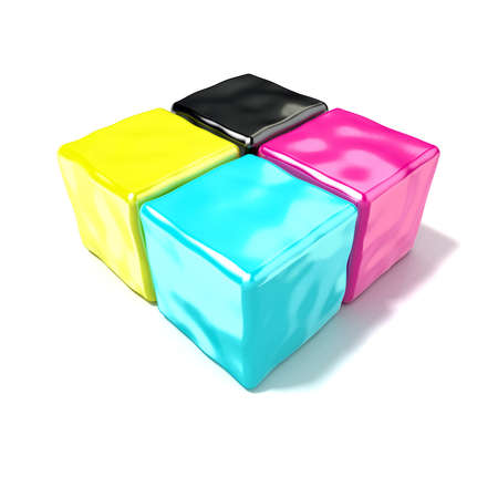 CMYK cubes sign, like symbol of printing. 3D render isolated on white backgroundの写真素材