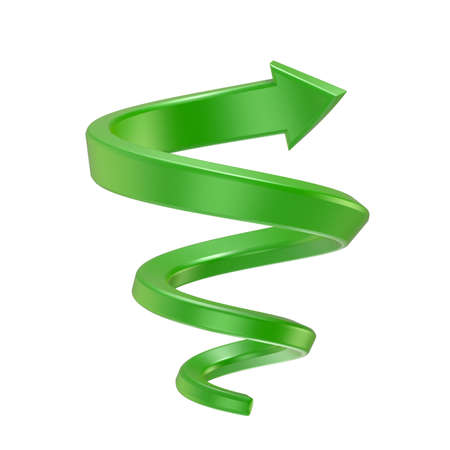 Green spiral arrow. Side view. 3D render illustration isolated on white backgroundの写真素材