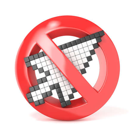 Forbidden sign with arrow mouse cursor. 3D render illustration isolated on white backgroundの写真素材