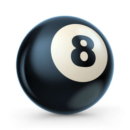 Black pool game ball with number 8. 3D illustration isolated on white backgroundの写真素材
