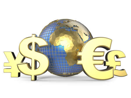 Gold currency symbols around the globe. 3D render illustration isolated on white backgroundの写真素材