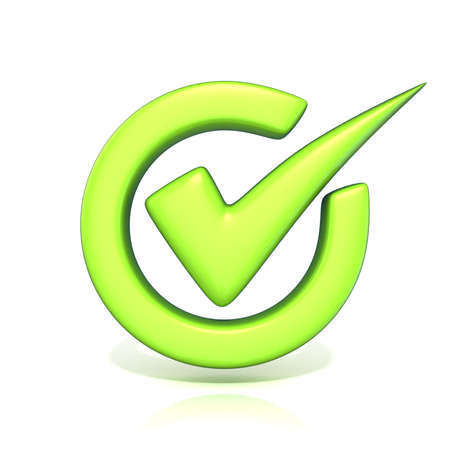 Green correct check mark in circle. 3D render illustration isolated on white backgroundの写真素材