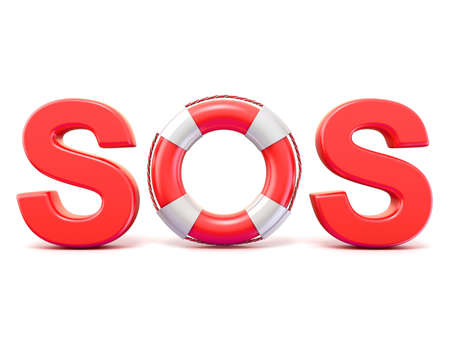 SOS sign, with lifebuoys. 3D render illustration isolated on white backgroundの写真素材