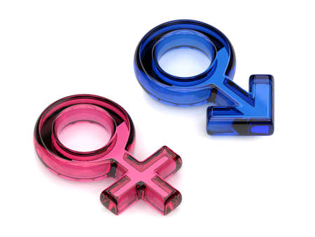 Male and female sex symbols. Transparent gems. 3D render illustration isolated on white backgroundの写真素材