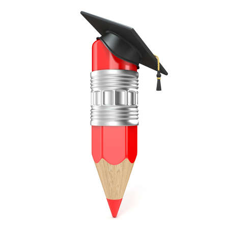 Red pencil with a graduation cap. Education concept. 3D render illustration isolated on white backgroundの写真素材
