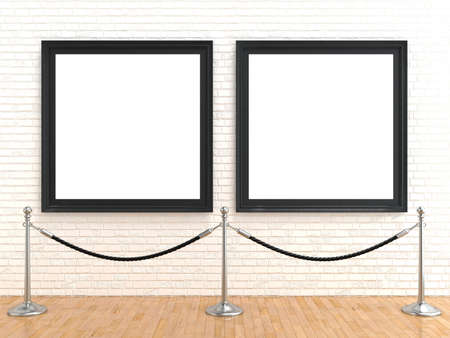 Two blank picture frame on brick wall, with stand rope barriers, 3D rendering illustration isolated on white backgroundの写真素材