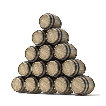 Group of wooden wine barrels. 3D render illustration isolated over white backgroundの写真素材