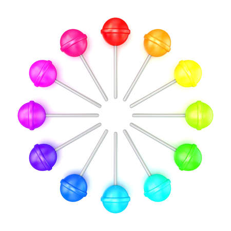 Colorful lollipops, circle arranged. Top view. 3D render illustration isolated on white backgroundの写真素材