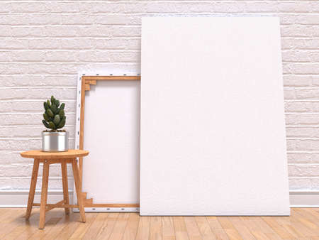 Mock up canvas frame with plant, floor and wall. 3D render illustrationの写真素材