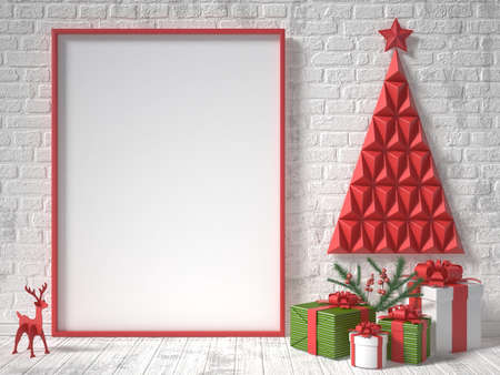 Mock up blank picture frame, Christmas decoration and gifts. 3D render illustrationの写真素材