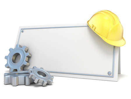 Construction helmet and gear wheels, on blank card. 3D render illustration isolated on white...