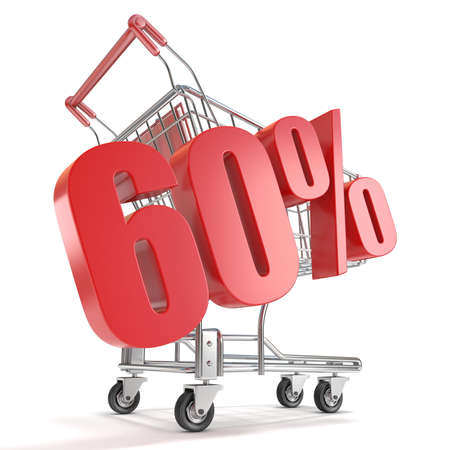 60% - sixty percent discount in front of shopping cart. Sale concept. 3D render illustration...