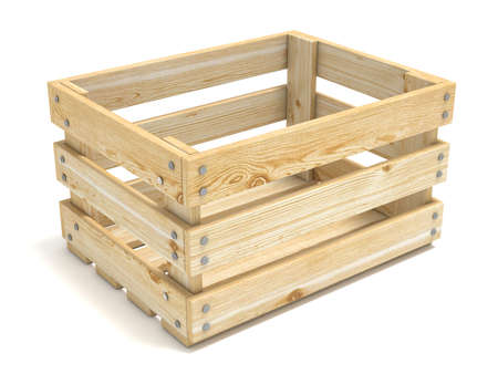 Empty wooden crate. Side view. 3D render illustration isolated on white backgroundの写真素材