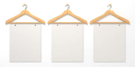 Wooden hangers with blank sign. 3D render illustration isolated on white backgroundの写真素材