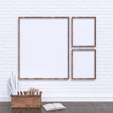 Mock up posters frames in art atelier with wooden bow full of old books, 3D render illustration