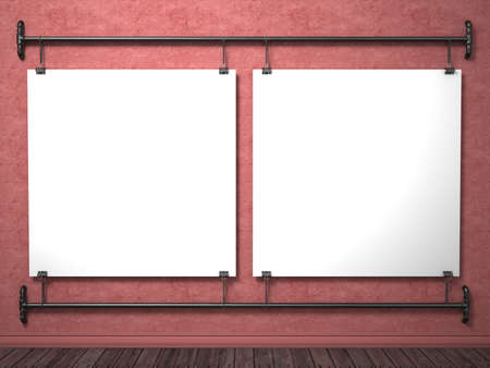 Two mock up posters on red wall and pipe frame, 3D render illustration
