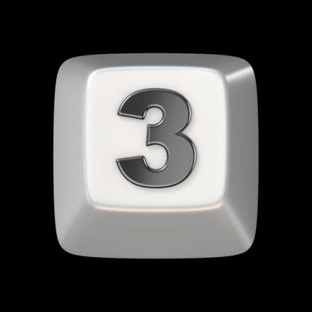 Computer keyboard key number THREE 3 3D render illustration isolated on black background