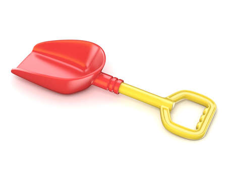 Red and yellow plastic toy shovel. 3D render illustration isolated on white backgroundの写真素材