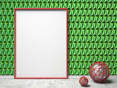Blank picture frame and red sphere decor on green triangulated background. Mock up render illustrationの写真素材