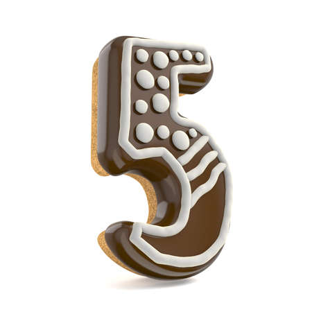 Number FIVE 5 chocolate Christmas gingerbread font decorated with white lines and points. 3D render illustration isolated on white backgroundの写真素材
