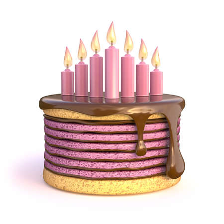 Birthday cake with seven candles. 3D render illustration isolated on white backgroundの写真素材