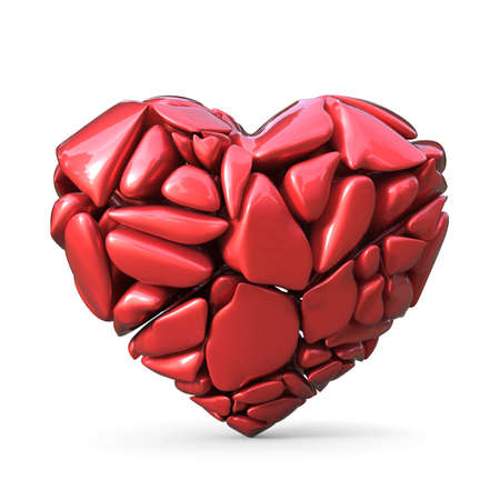 Broken red heart made of red rocks. 3D render illustration isolated on white backgroundの写真素材