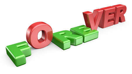 Word FOREVER with letter F R E down and OVER standing. 3D render illustration isolated on white...