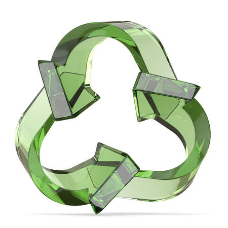 Green recycle sign, three arrows 3D render illustration isolated on white backgroundの写真素材