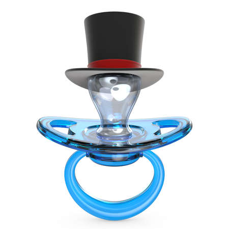 Blue baby pacifier with gentleman hat Baby BOY symbol 3D render illustration isolated on white...
