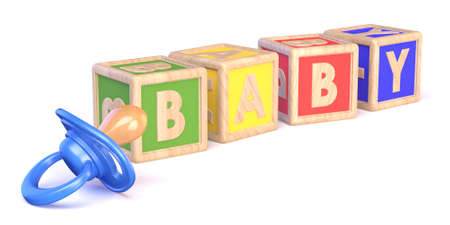 Word BABY made of wooden blocks toy and baby pacifier 3D render illustration isolated on white backgroundの写真素材