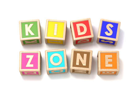 Word KIDS ZONE made of wooden blocks toy 3D render illustration isolated on white backgroundの写真素材