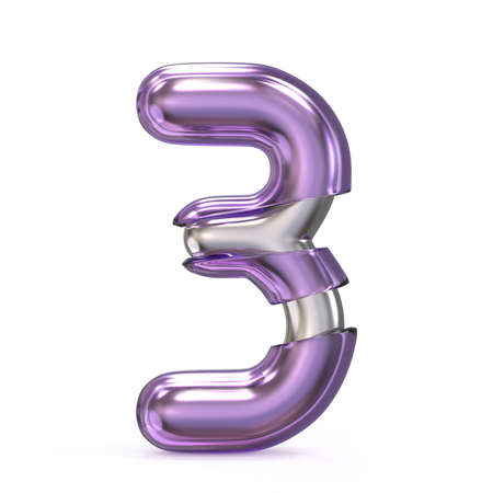 Purple gem with metal core font NUMBER 3 THREE 3D render illustration isolated on white backgroundの写真素材