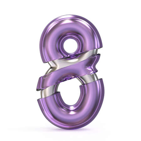 Purple gem with metal core font NUMBER 8 EIGHT 3D render illustration isolated on white background