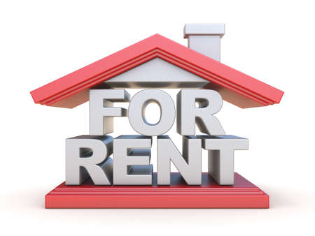 FOR RENT house sign front view 3D render illustration isolated on white backgroundの写真素材