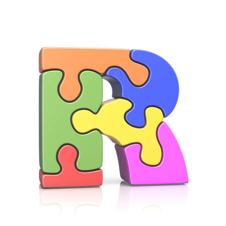 Puzzle jigsaw letter R 3D render illustration isolated on white backgroundの写真素材