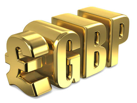 Pound sterling GBP golden currency sign 3D render illustration isolated on white backgroundの写真素材