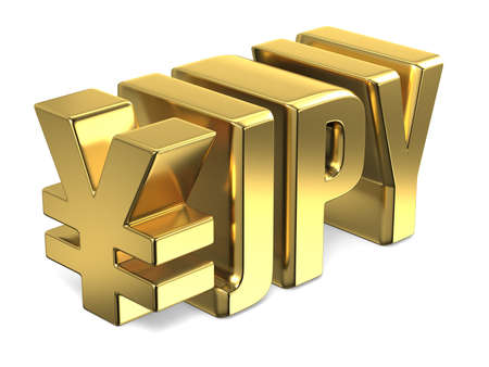 Japanese yen JPY golden currency sign 3D render illustration isolated on white backgroundの写真素材