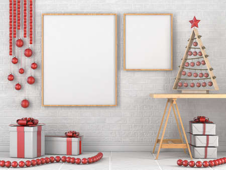 Mock up blank wooden picture frame, Christmas decoration and gifts 3D render illustrationの写真素材