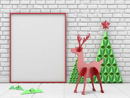 Mock up blank picture frame, Christmas decoration and reindeer with green Christmas trees 3D render illustrationの写真素材