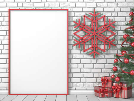 Mock up blank picture frame, Christmas tree, sticks snowflakes and striped gifts 3D render...